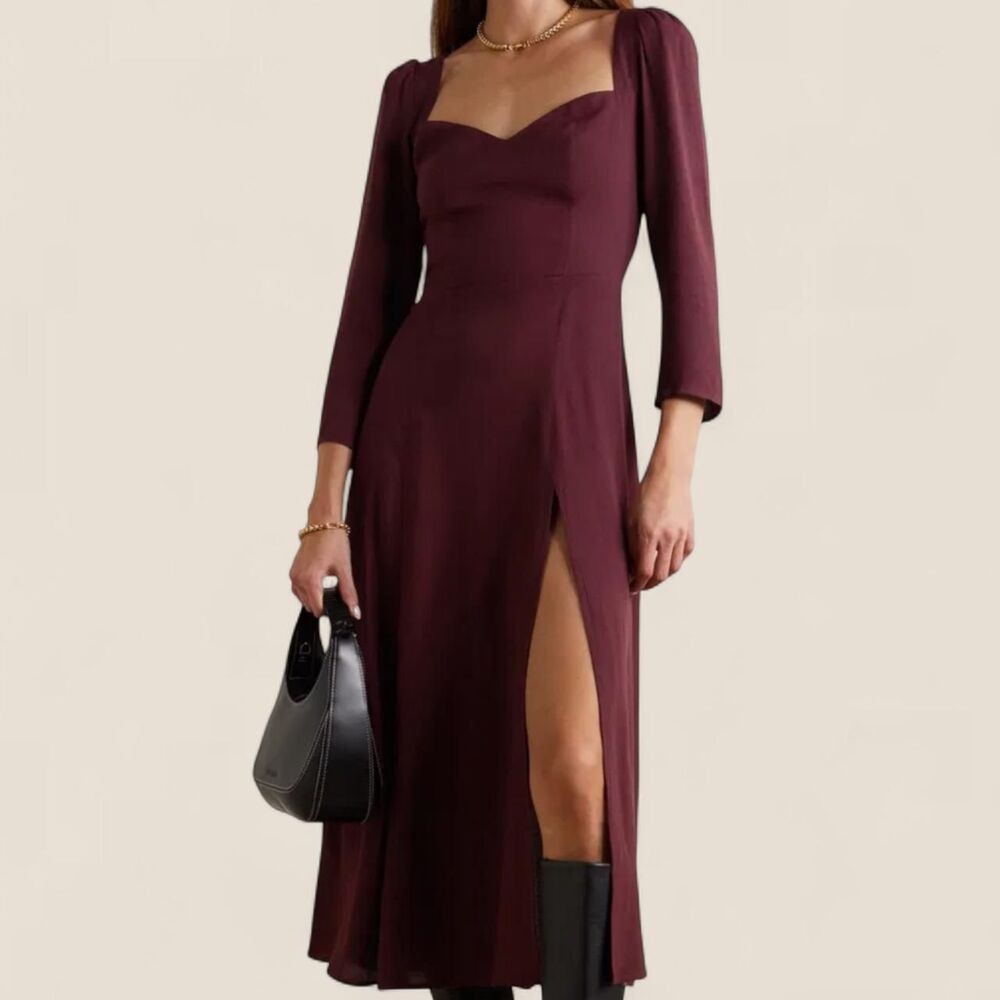 reformation mara prune burgundy peasant midi dress | size 2 wedding party